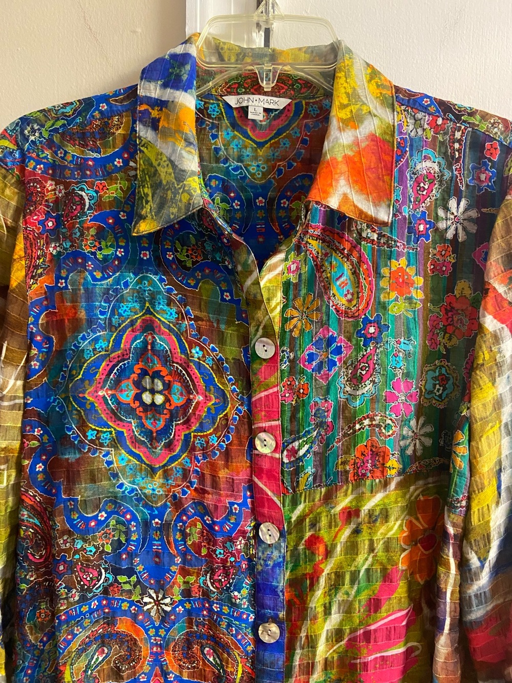 John Mark Colorful Patchwork Paisley Medallion Button Front Blouse Tunic Large - Picture 3 of 7